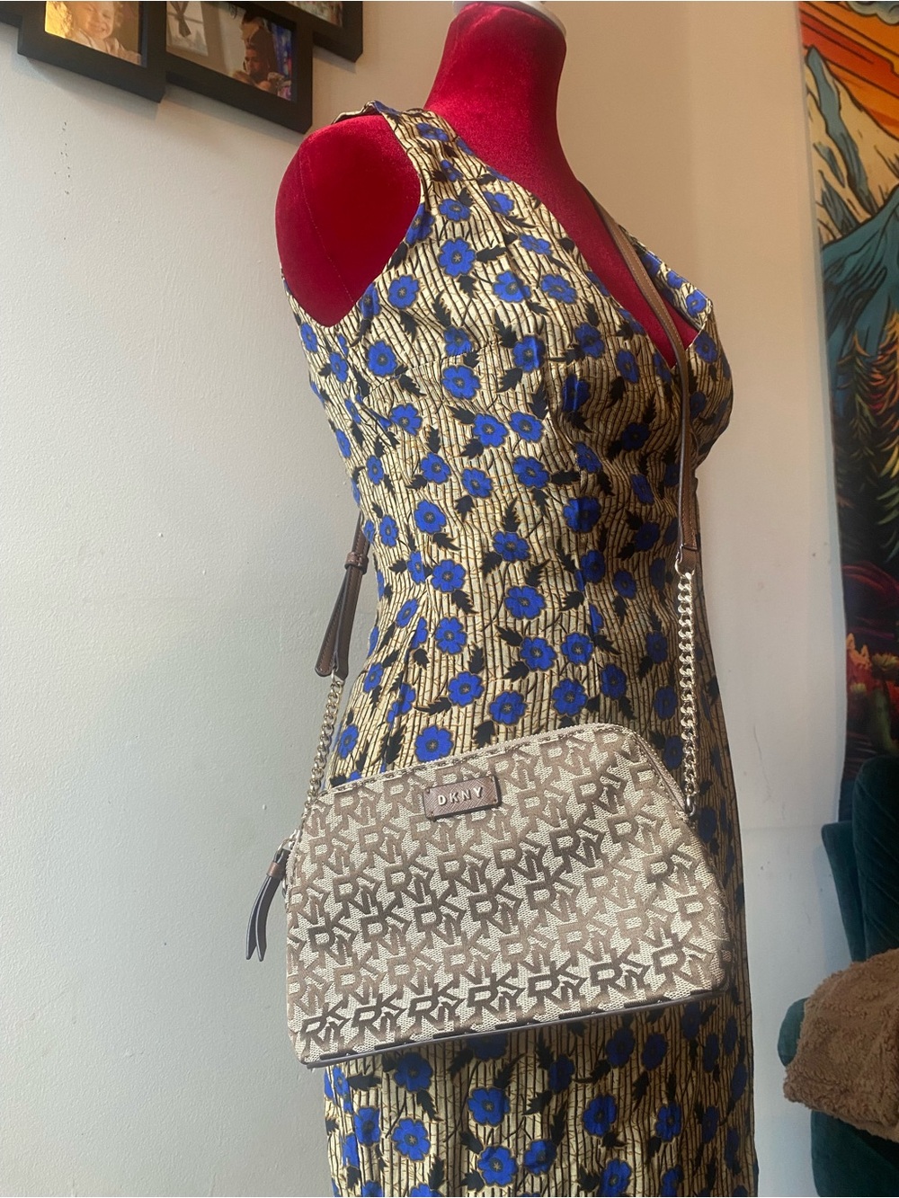 DKNY Beige Monogram Crossbody with Gold Chain Trim